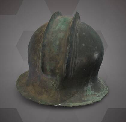 Picture of the 3D model of a bronze helmet - side view