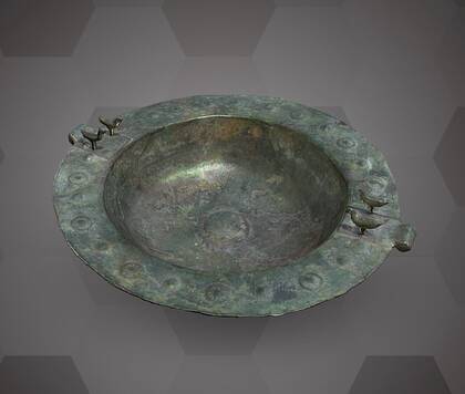 Picture of the 3D model of a wide rim bronze bowl with birds